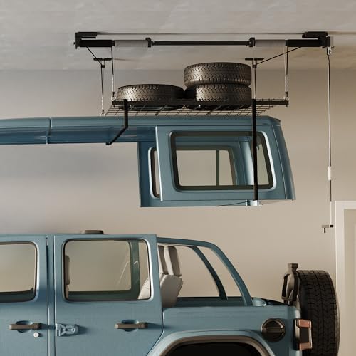 FLEXIMOUNTS Garage Ceiling Lifting Storage Rack, 4x4 Ft Heavy-Duty Metal Fram...