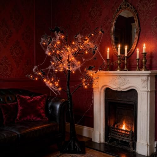 HipTree Lighted Black Halloween Tree 4ft with 150LED Orange Purple Lights