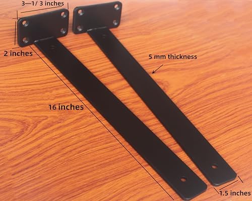 6 Pack - 16 inch Black Hidden L Shelf Bracket (1/5 Inch Thicked) Iron Floatin...