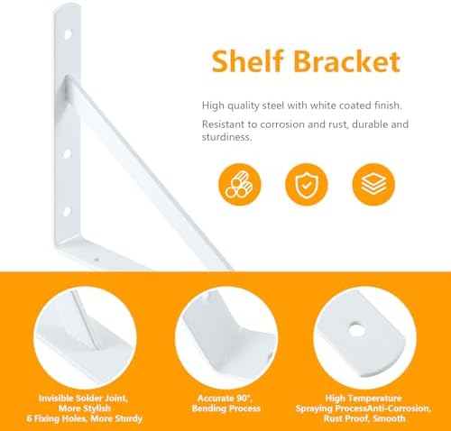 Heavy Duty Shelf Brackets, 12 x 8 Inch White Metal L Brackets, 6 Pack