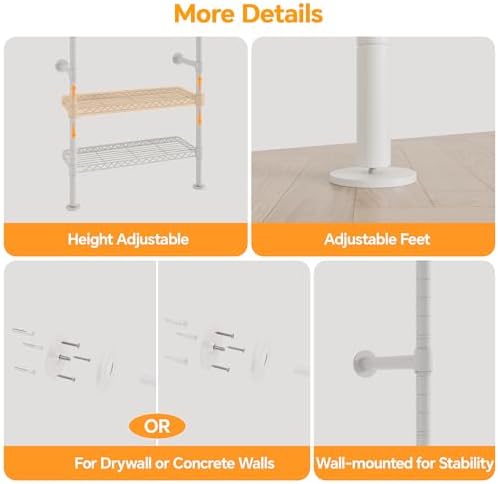 Higeego W3 Wall Mounted Clothes Rack, Industrial Pipe Clothing Rack, White