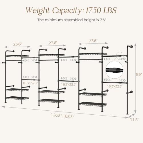 Wall Mounted Closet System, Heavy Duty 6-Row Clothes Rack, Expandable Industr...