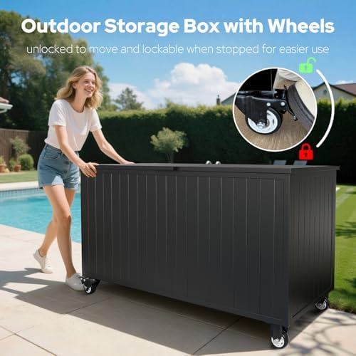 150 Gallon Outdoor Storage Box with Wheels, Metal Deck Boxes,Black
