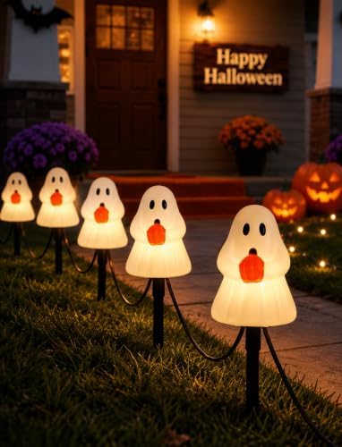 10.5FT Halloween Ghost Pathway Lights, 5 PK Plug in LED Ghost Stake Lights