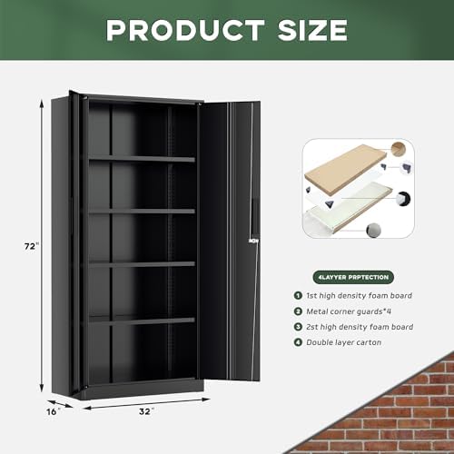 Greenvelly Metal Cabinet, 72” Black Tool Steel Locking Cabinet with Doors and...