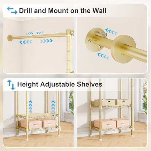Ulif M2 Wall Mounted Closet System, Gold Clothes Rack Mount onto the Wall