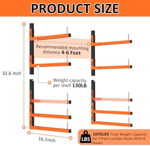 4 Pack Lumber Storage Rack, Wall Mount Removable & Adjustable Lumber Rack...