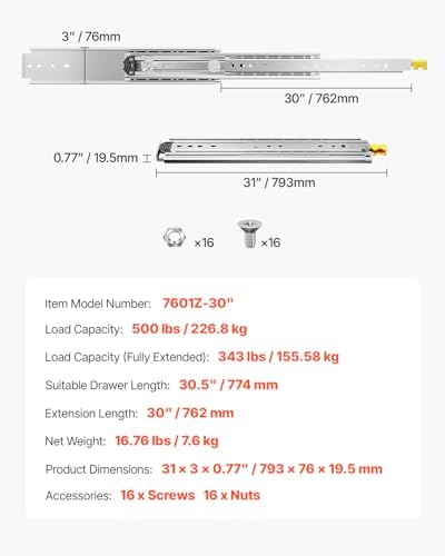 VEVOR Heavy Duty Drawer Slides 30 Inch 500 lb, 1 Pair Full Extension Side Mou...