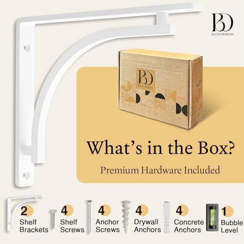 Classic White Heavy Duty Shelf Brackets 12 inch by Balin Designs – L Bracket,...
