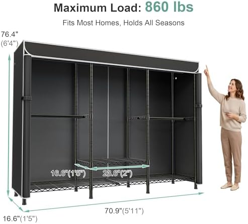 SEMHOR K01C Heavy Duty Clothes Rack with Cover Black, Max Load 860LBS