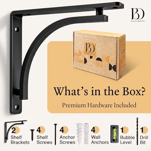 Classic Black Heavy Duty Shelf Brackets 12 inch by Balin Designs – L Bracket,...