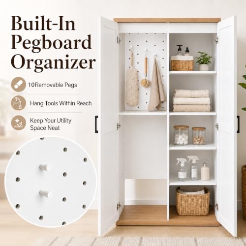 68.9" Wooden Broom Closet Storage Cabinet with Perforated Wood Panel and...