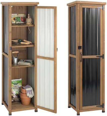 Tall Outdoor Storage Cabinet, Weatherproof Wooden Garden Potting Bench with M...