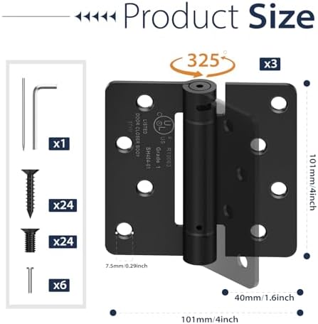 4 Inch Self Closing Door Hinges,3-Pack Spring Hinges,1/4" Radius Corners