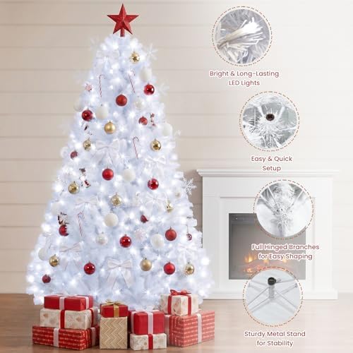 6ft White Prelit Christmas Tree with 300 LED White Lights, 726 Dense Branch T...