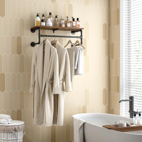 Clothes Rack Wall Mounted, 29.1in Shelf with Hanging Rod, Industrial Pipe Clo...