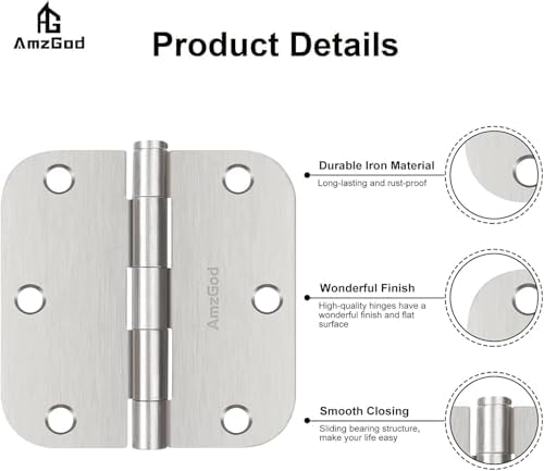 Door Hinges Brushed Nickel - 36 Pack Satin Nickel 3.5 Inch Rounded Interior D...