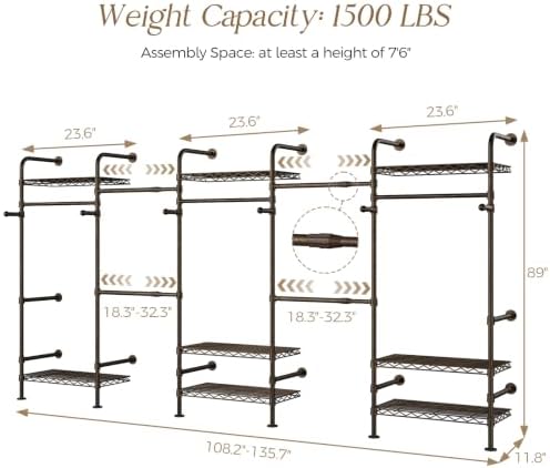 Wall Mounted Closet System, 5-Row Heavy Duty Garment Rack, Black and Gold