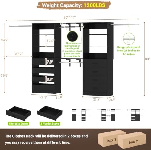 Aheaplus Closet System, Wood Closet Organizer System with 8 Drawers &4 Rods