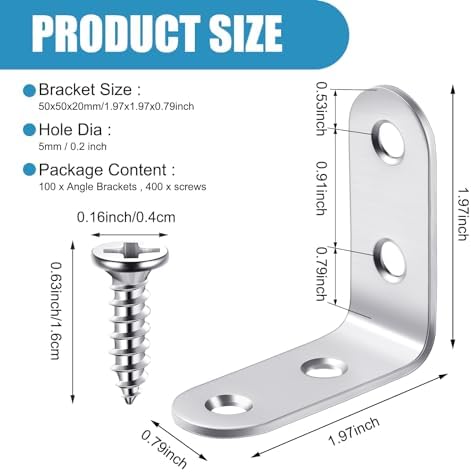 Pelopy 100 Pcs L Bracket Stainless Steel 90 Degree Brace, 1.97 x 1.97 Inch
