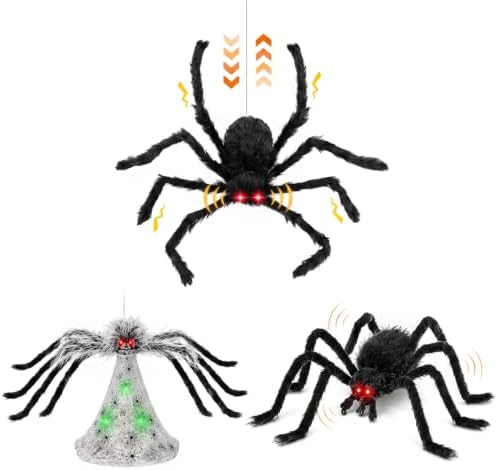 3 Pack 34" Halloween Animatronic Spiders Decor, Jumping Wriggling Climbing