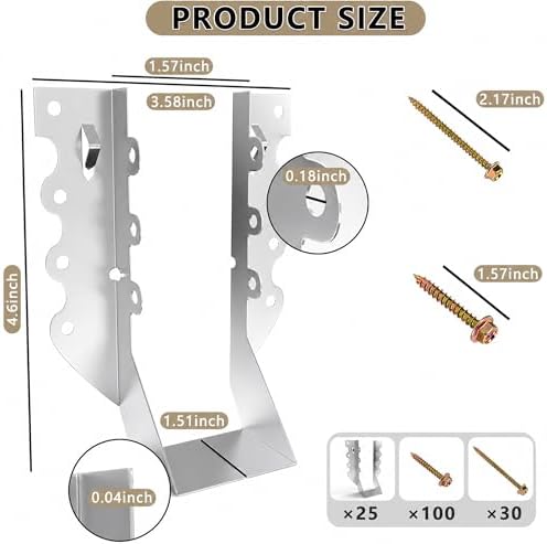 25 pcs 2x6 Joist Hangers with Screws, Galvanized Face Mount Hurricane Tie