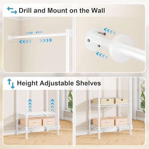 Ulif M2 Wall Mounted Closet System, White Clothes Rack Mount onto the Wall