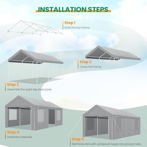 COBIZI 12x20 FT Heavy Duty Carport with Galvanized Frame, Gray