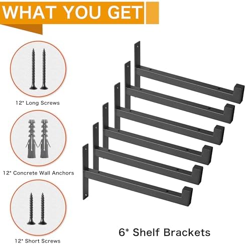EZYDECOR 6 Pcs Heavy Duty Shelf Brackets 13 Inch Wall Mounted Industrial Meta...