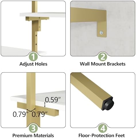 White/Gold Wall Mount Clothes Rack with 5 Hanging Rods, 6 Storage Shelves