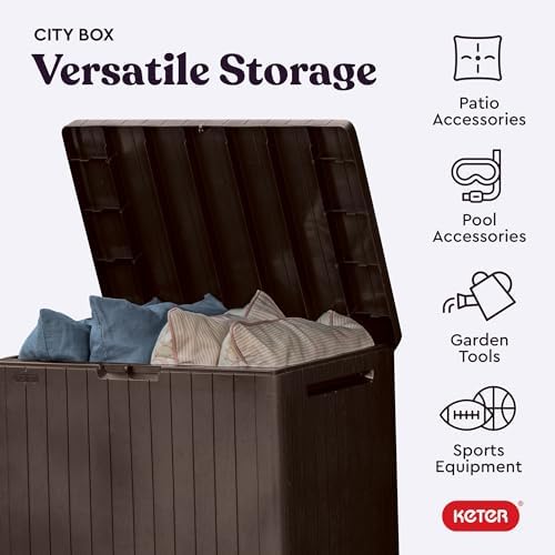 Keter City 30 Gallon Resin Outdoor Storage Box and Patio Furniture Side Table...