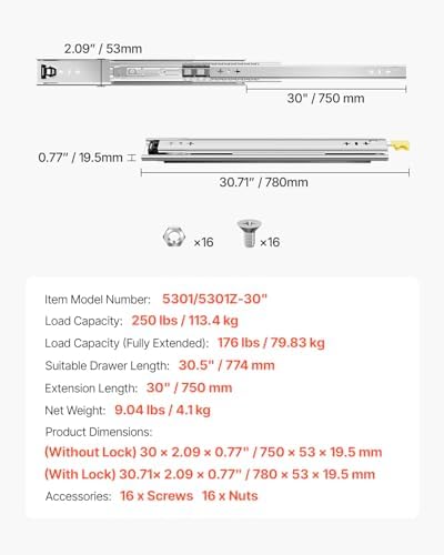 VEVOR 30 Inch Heavy Duty Drawer Slides 250 lbs, 1 Pair Locking Ball Bearing S...