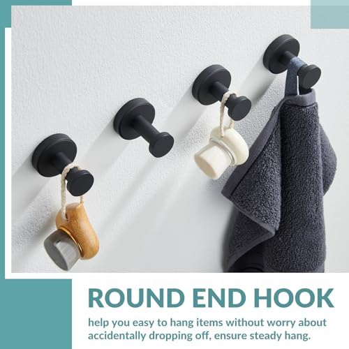 APLusee Matte Black Towel Hooks for Bathroom Storage, 4 Pack, Wall Mounted