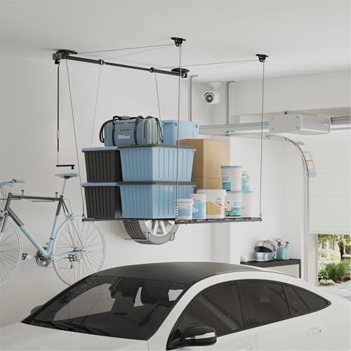 FLEXIMOUNTS Garage Ceiling Lifting Storage Rack, 4x4 Ft Heavy-Duty Metal Fram...