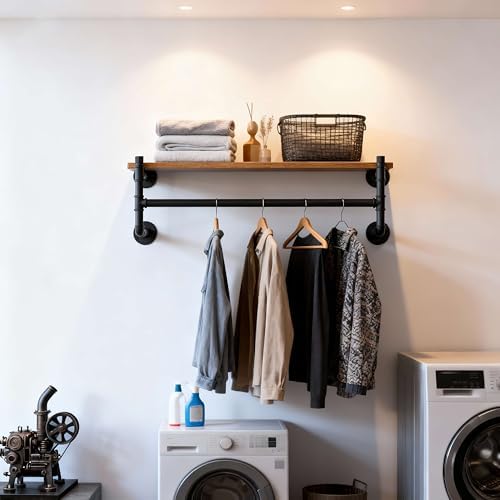 WEBI Wall Mounted Clothes Rack with Shelf,30" Industrial Pipe Clothing R...
