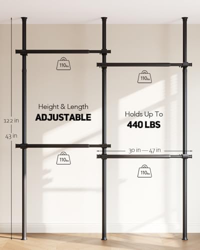 Floor to Ceiling Clothes Rack, Heavy-Duty Telescopic Garment Rack, 43–122in H...