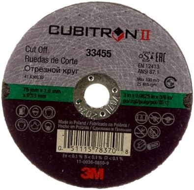 3M Cubitron II Cut-Off Wheel, 33455, 3 in, .0625 in x 3/8 in, 5 Pack, High Pe...