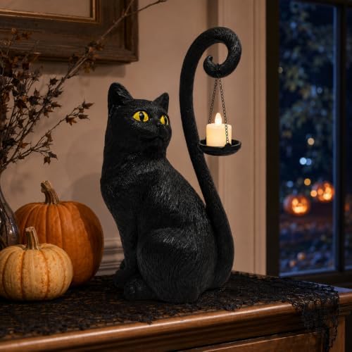 Black Cat Candle Holder Statue Halloween Decor Gothic Cat Lamp Decoration