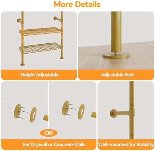 Higeego W3 Wall Mounted Clothes Rack, Industrial Pipe Clothing Rack, Gold