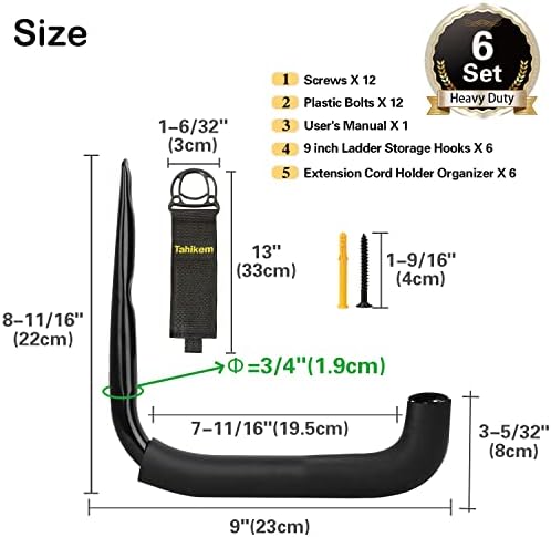 6 Pack Garage Hooks Heavy Duty, 9 Inch Ladder Hooks for Garage Wall