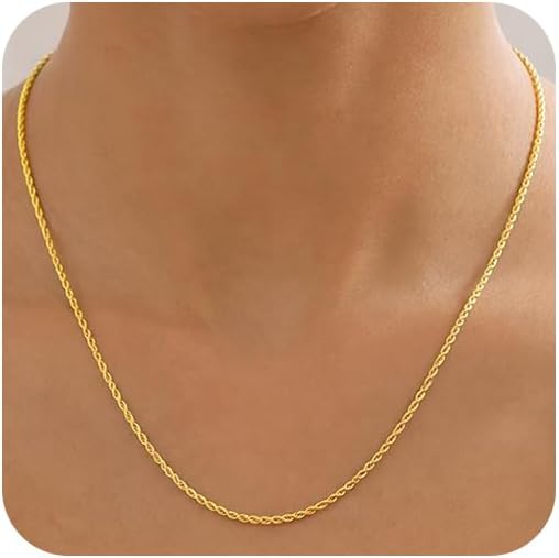 2mm Gold Rope Chain Necklace for Women & Men, 18K Gold Plated 925 Sterlin...