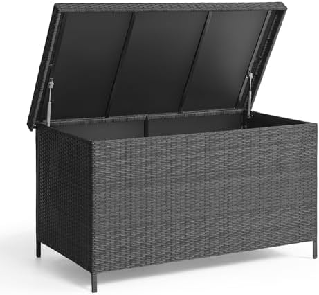 ONBRILL 158 Gallon XL Wicker Deck Box, Outdoor Patio Storage Box, Black