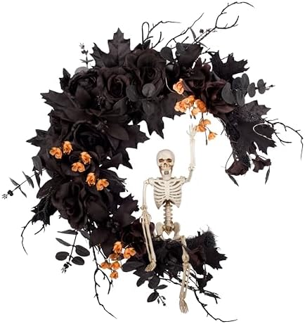 20" Pre-lit Halloween Black Moon Wreath with Poseable Skeleton, Handmade...