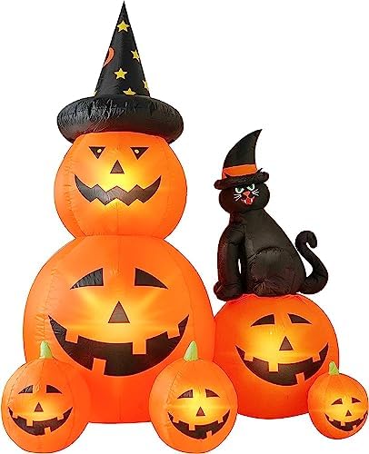 6 FT Halloween Inflatable Outdoor Decor with Ghost Pumpkin and Black Cat