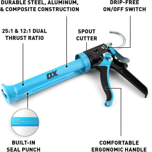 OX Caulk Gun No Drip 10 oz - Dual Thrust 25:1 & 12:1 Thrust - Heavy Duty