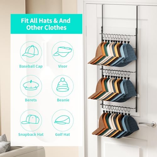 HapiRm Over Door Hat Rack - 3 Tier Wall Mounted Hat Organizer with 30 Movable...