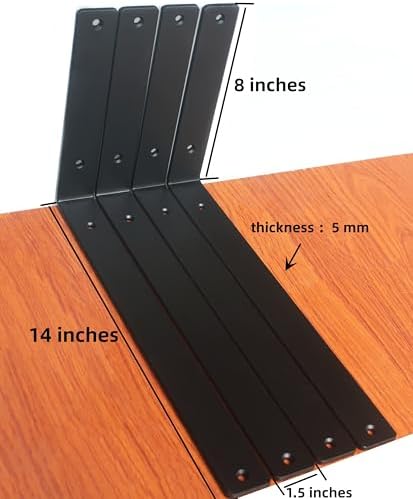 6 Pack - L 14" x H 8" x W1.5, 5mm Thick Black L Shelf Bracket, Iron...