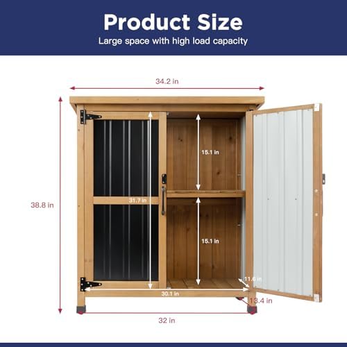 Wood & Metal Outdoor Storage Cabinet with Waterproof Roof, Garden Tool Sh...