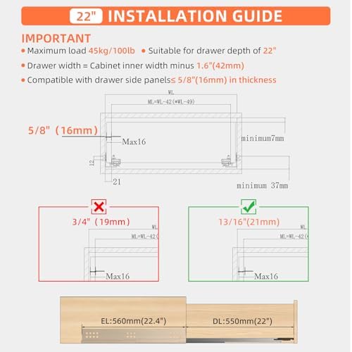 22 Inch Soft Close Undermount Drawer Slides for Frameless Cabinets