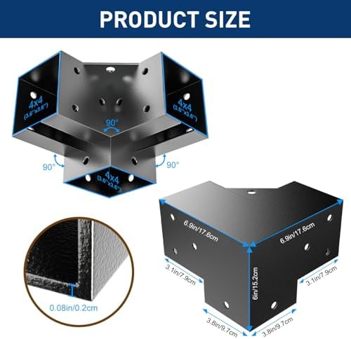 Pergola Bracket Kit 4x4(Inner 3.6"x3.6"), 4pcs 3-Way Right Angle Co...